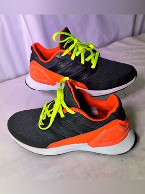 adidas Kids Black Sneakers with Orange Panels and Neon Yellow Laces